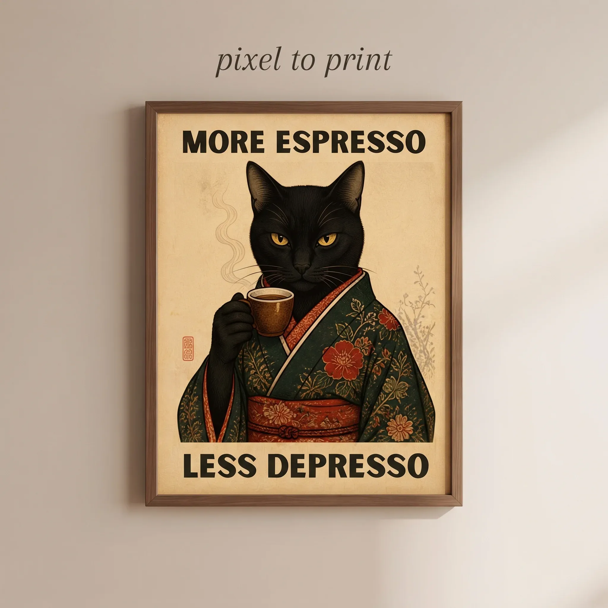 Coffee Cat Wall Art | More Espresso Less Depresso Print