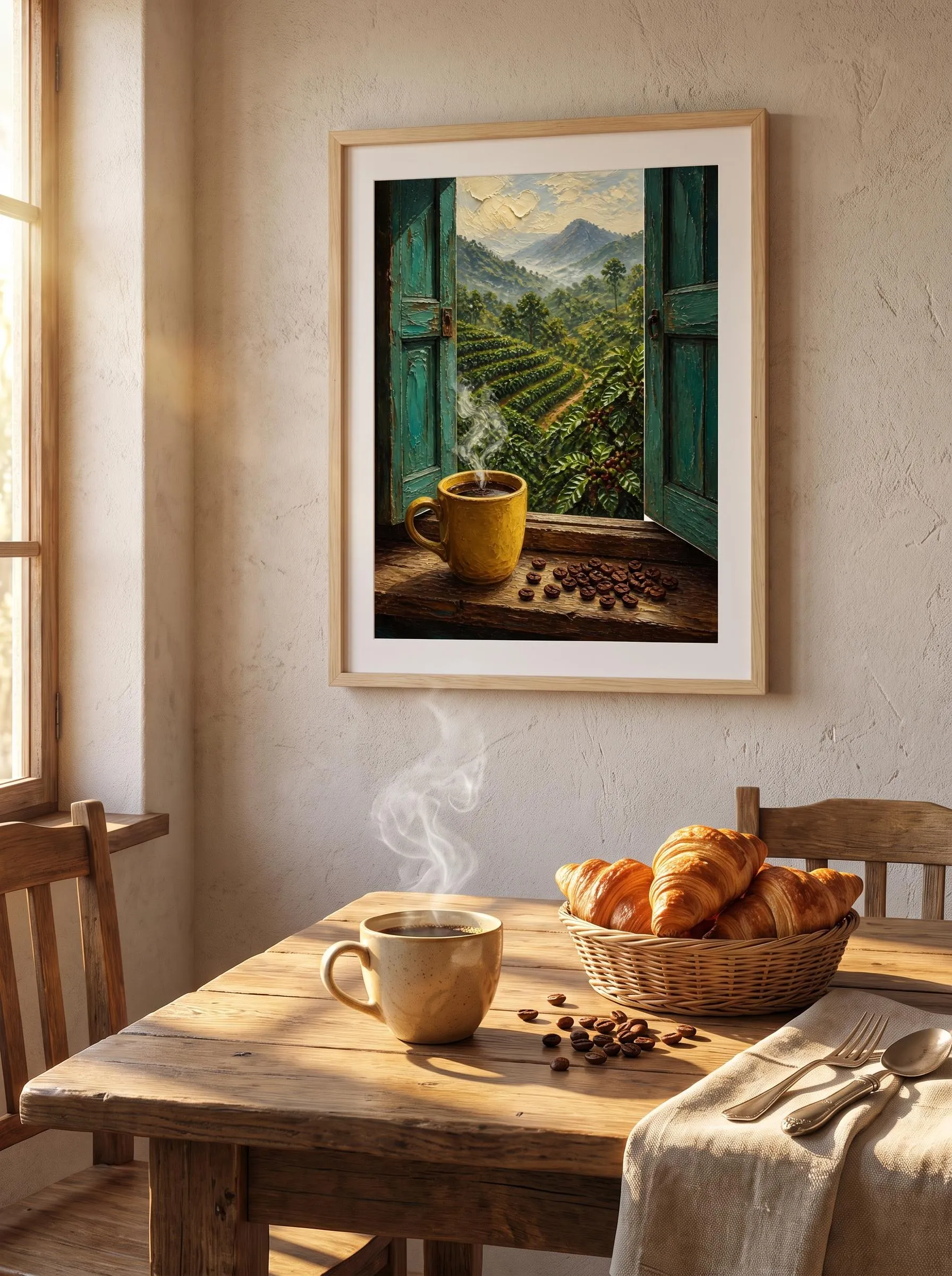 Coffee Plantation Window Oil Painting | Rustic Teal Decor