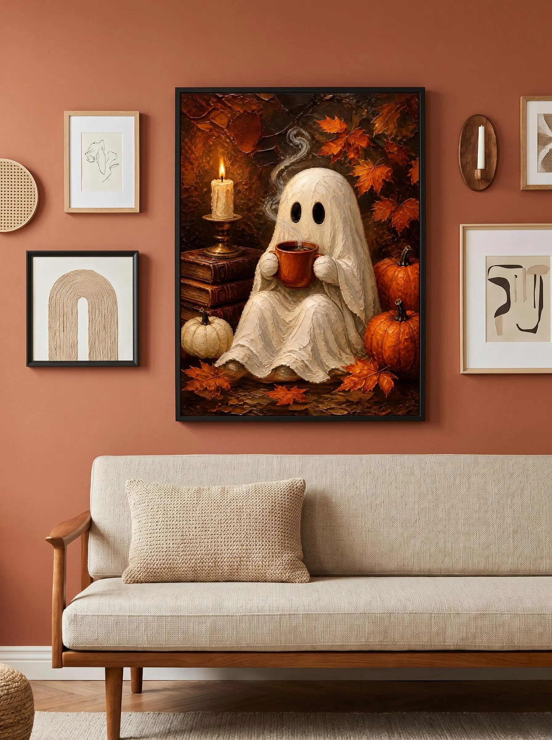 Ghost Drinking Coffee Oil Painting Print | Vintage Halloween Wall Art