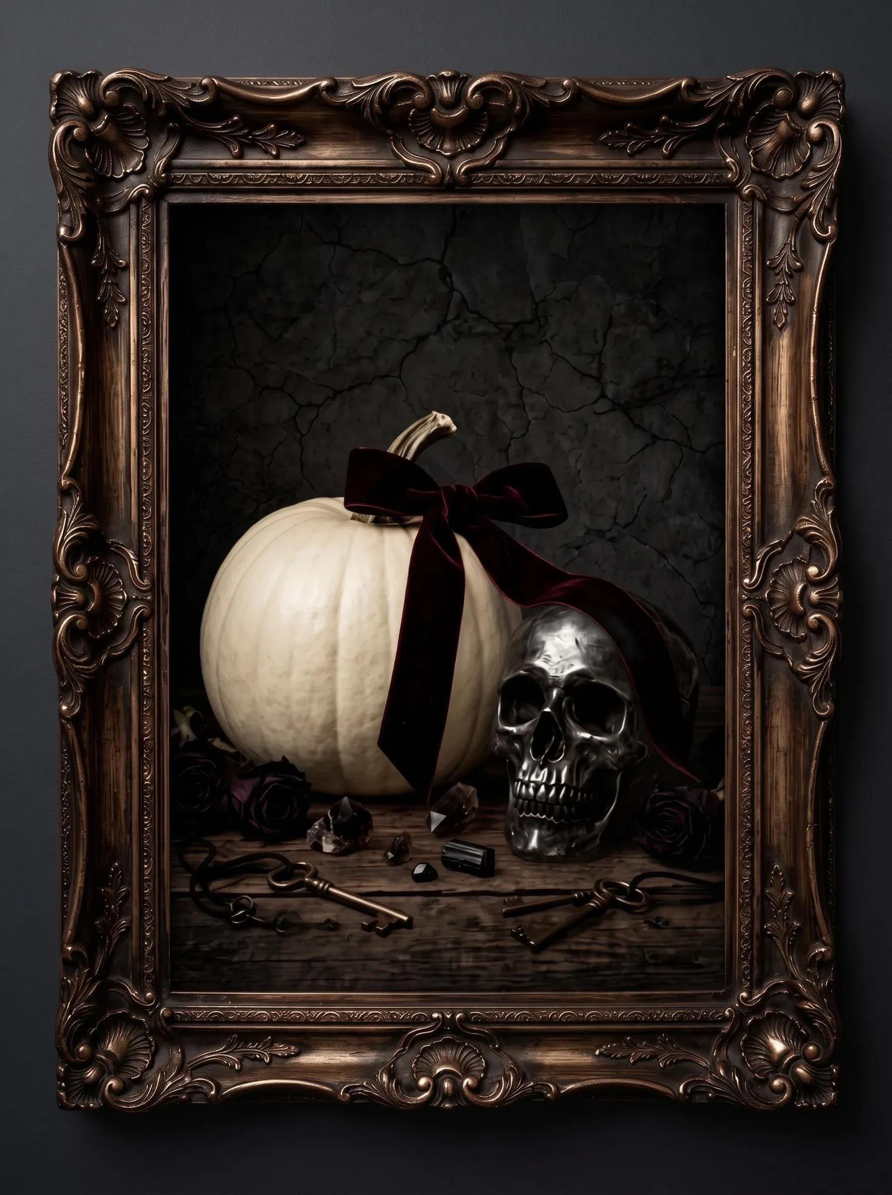 Gothic Pumpkin & Skull Wall Art | Victorian Halloween Still Life Print