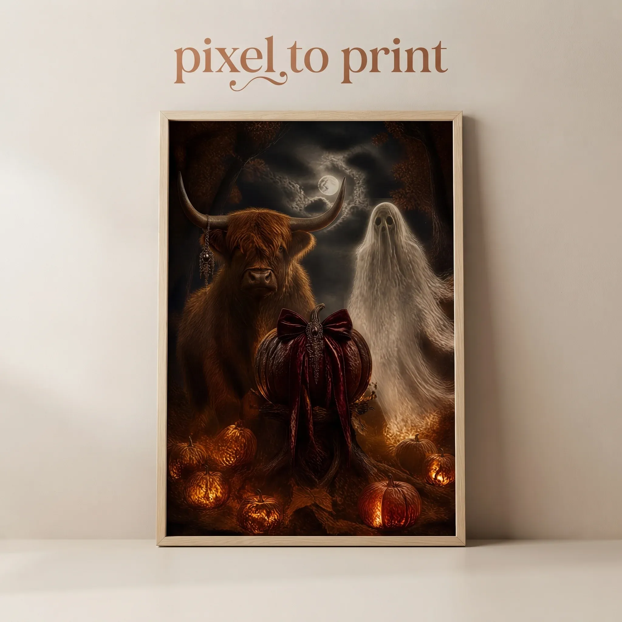 Halloween Wall Art Print | Highland Cow and Ghost Gothic Decor