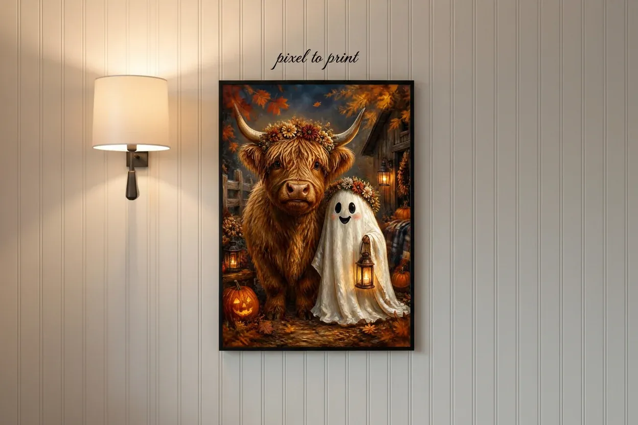 Highland Cow and Ghost Wall Art | Spooky Cute Halloween Printable