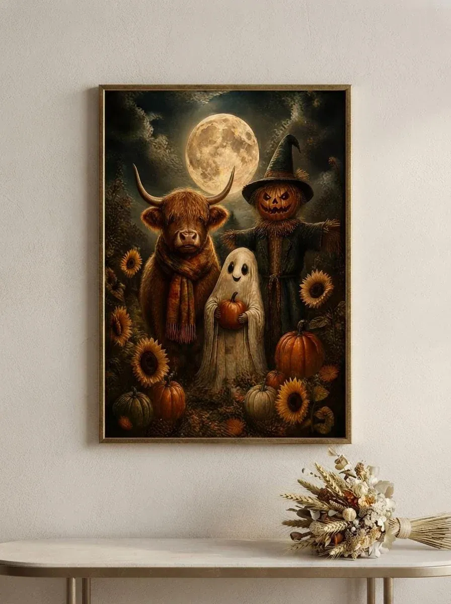 Highland Cow Ghost Scarecrow Wall Art | Moody Autumn Farmhouse Print