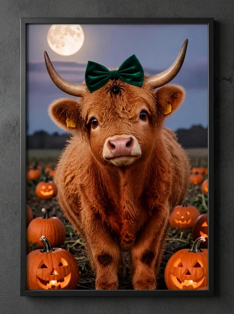 Highland Cow Halloween Wall Art | Spooky Cute Pumpkin Patch Print