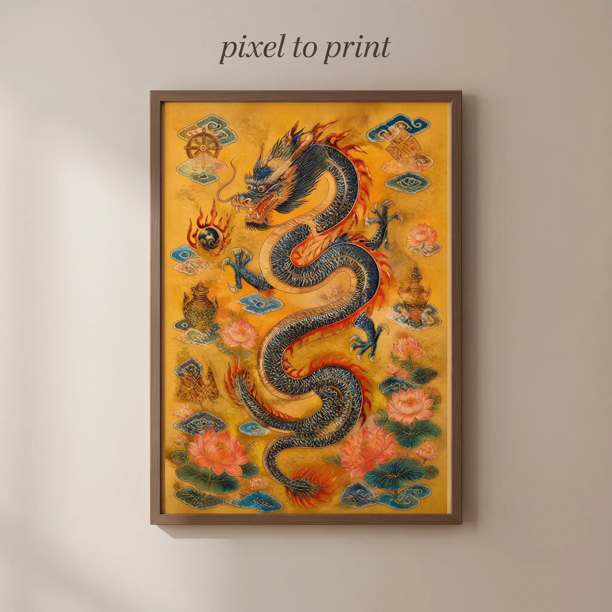 Imperial Chinese Dragon Wall Art | Vintage Asian Textile Poster