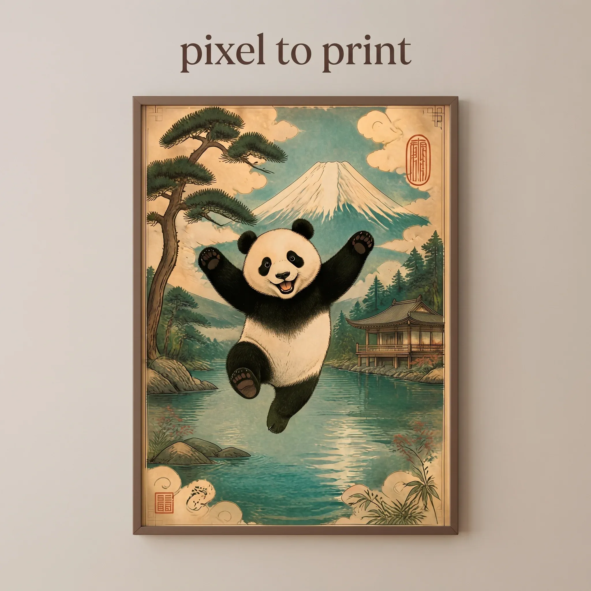 Japanese Panda Wall Art | Vintage Ukiyo-e Mt Fuji Print