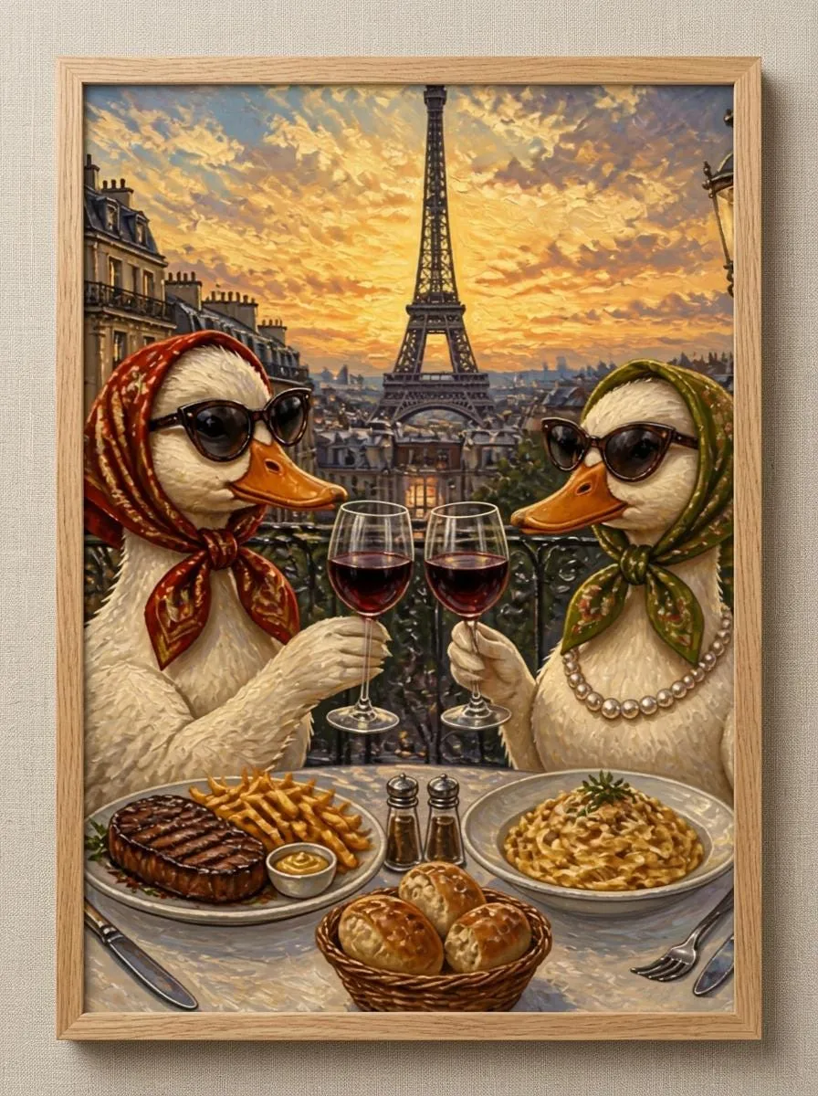Parisian Duck Date Wall Art | Eiffel Tower Dinner Painting