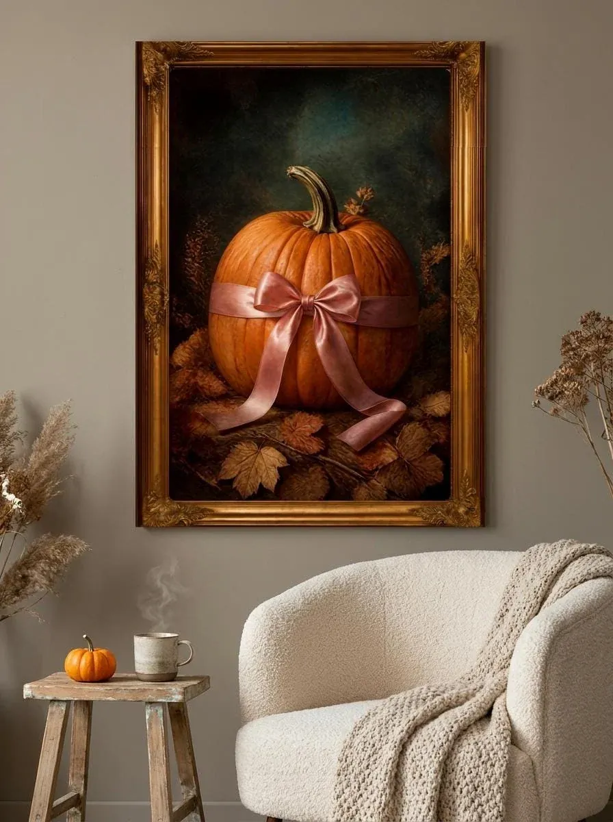 Pink Ribbon Pumpkin Wall Art | Moody Fall Still Life Print