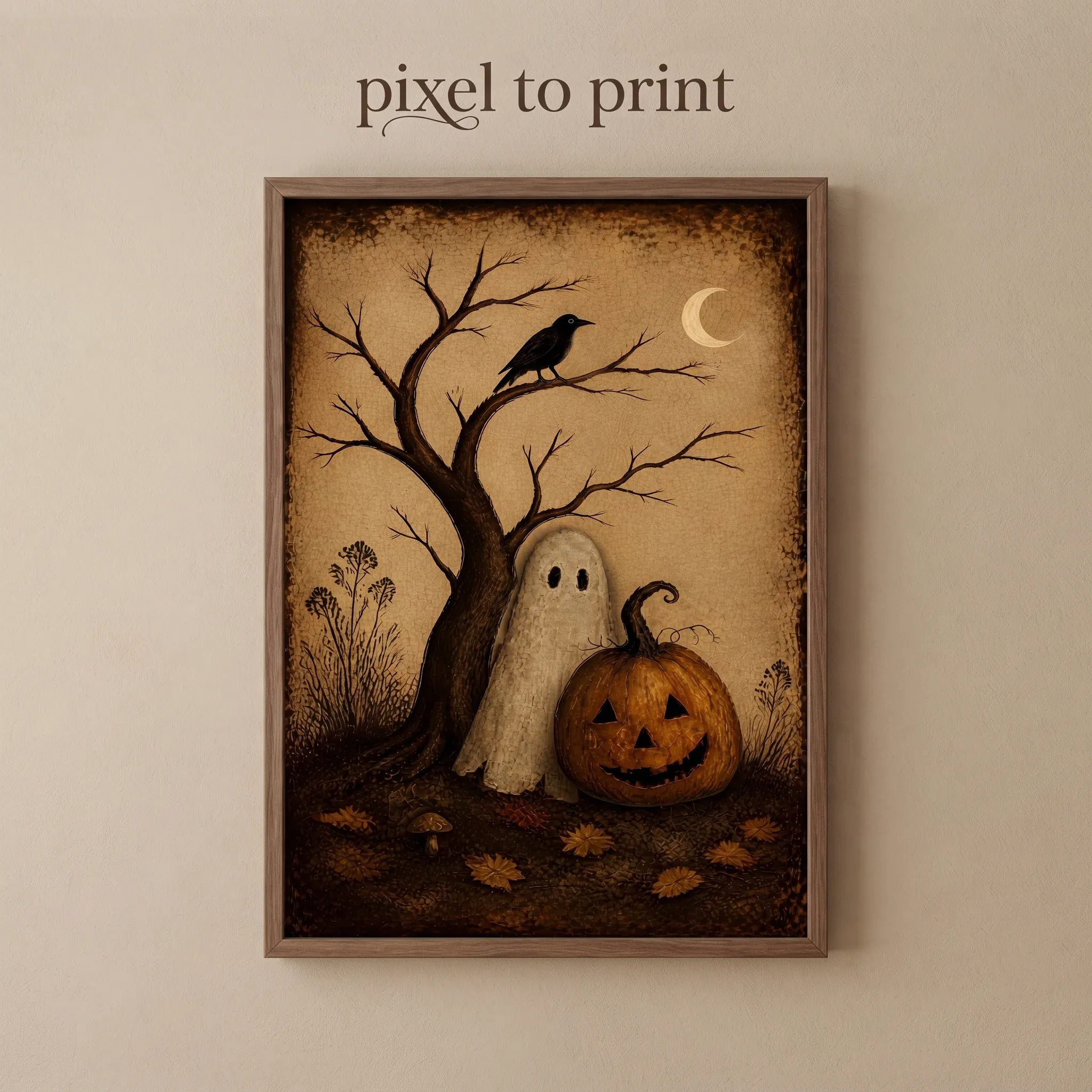 Primitive Halloween Wall Art | Ghost Pumpkin Crow Rustic Decor