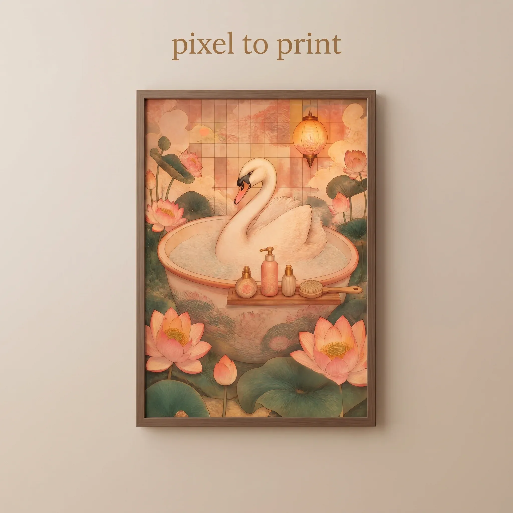 Swan Bathing Wall Art | Vintage Ukiyo-e Bathroom Print