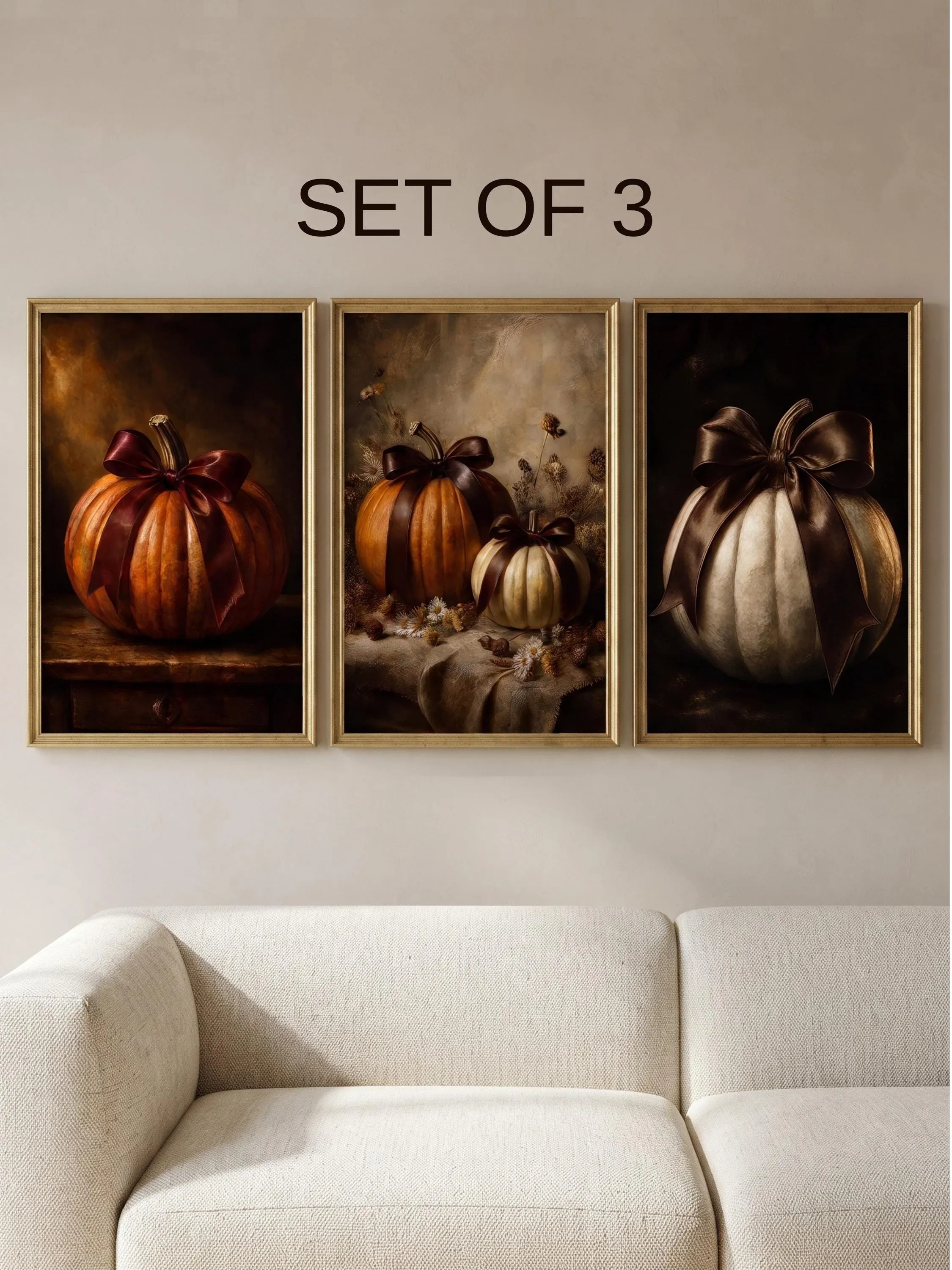 Vintage Fall Pumpkin Wall Art Set of 3 | Harvest Still Life Print