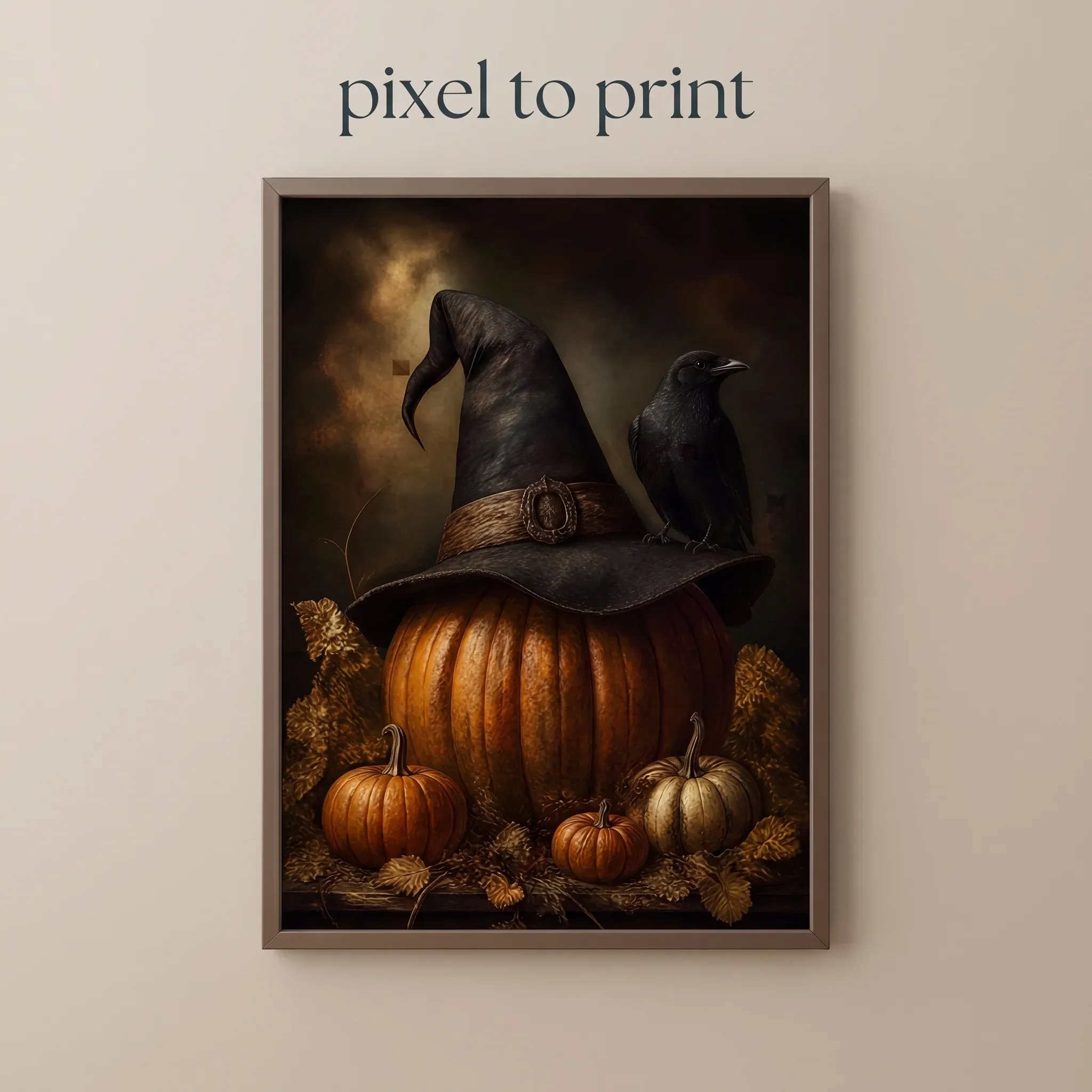 Vintage Halloween Crow Wall Art | Witch Hat Pumpkin Print