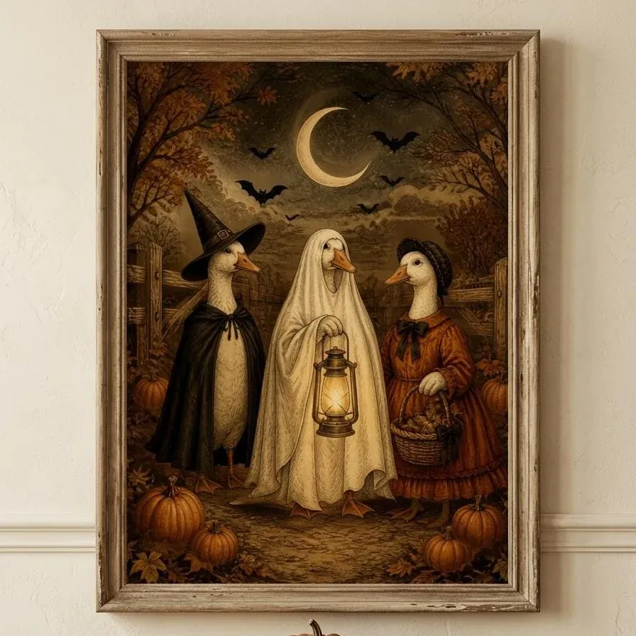 Vintage Halloween Ghost Goose Art Print | Spooky Season Farmhouse Decor