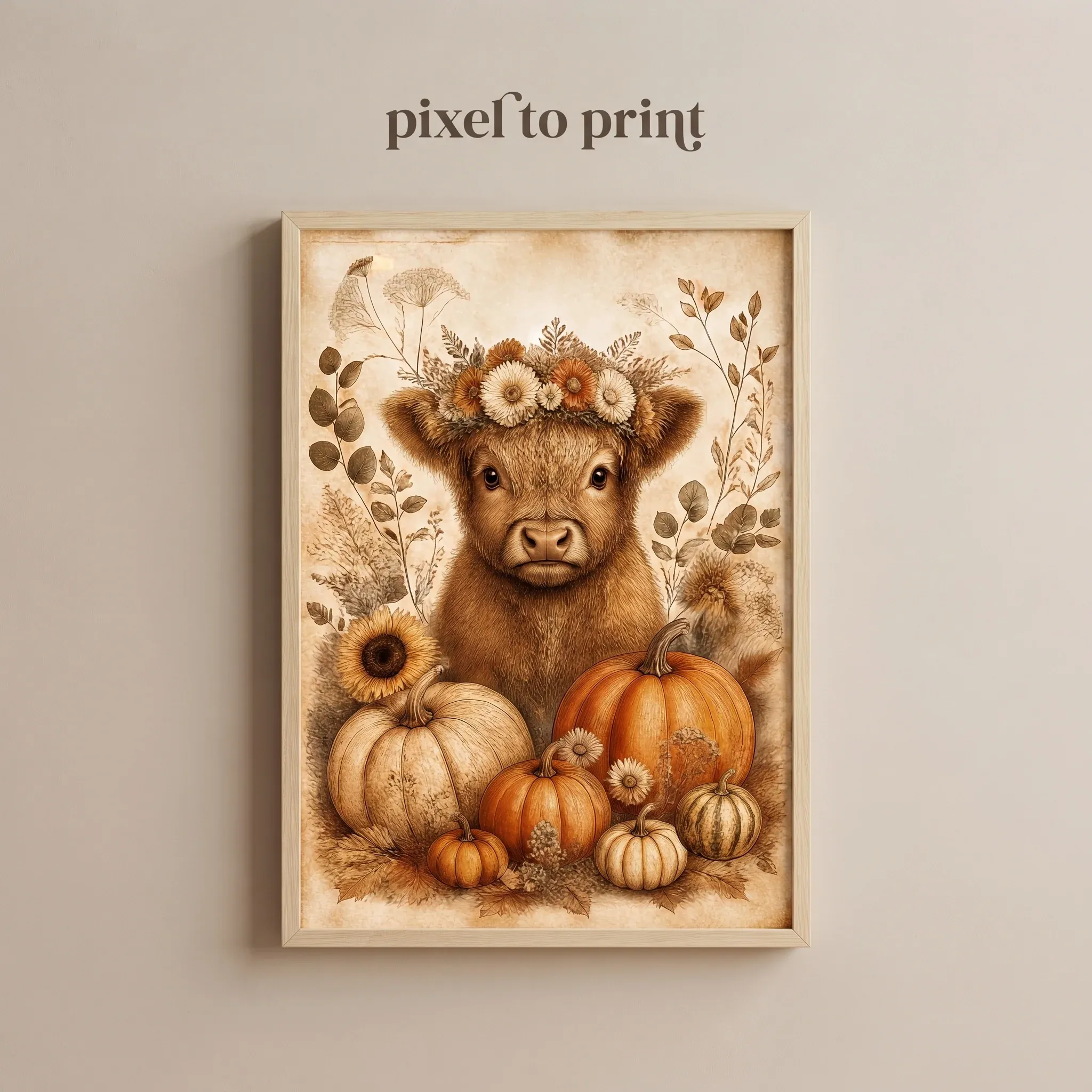 Vintage Pumpkin Nursery Art | Baby Highland Cow Fall Print