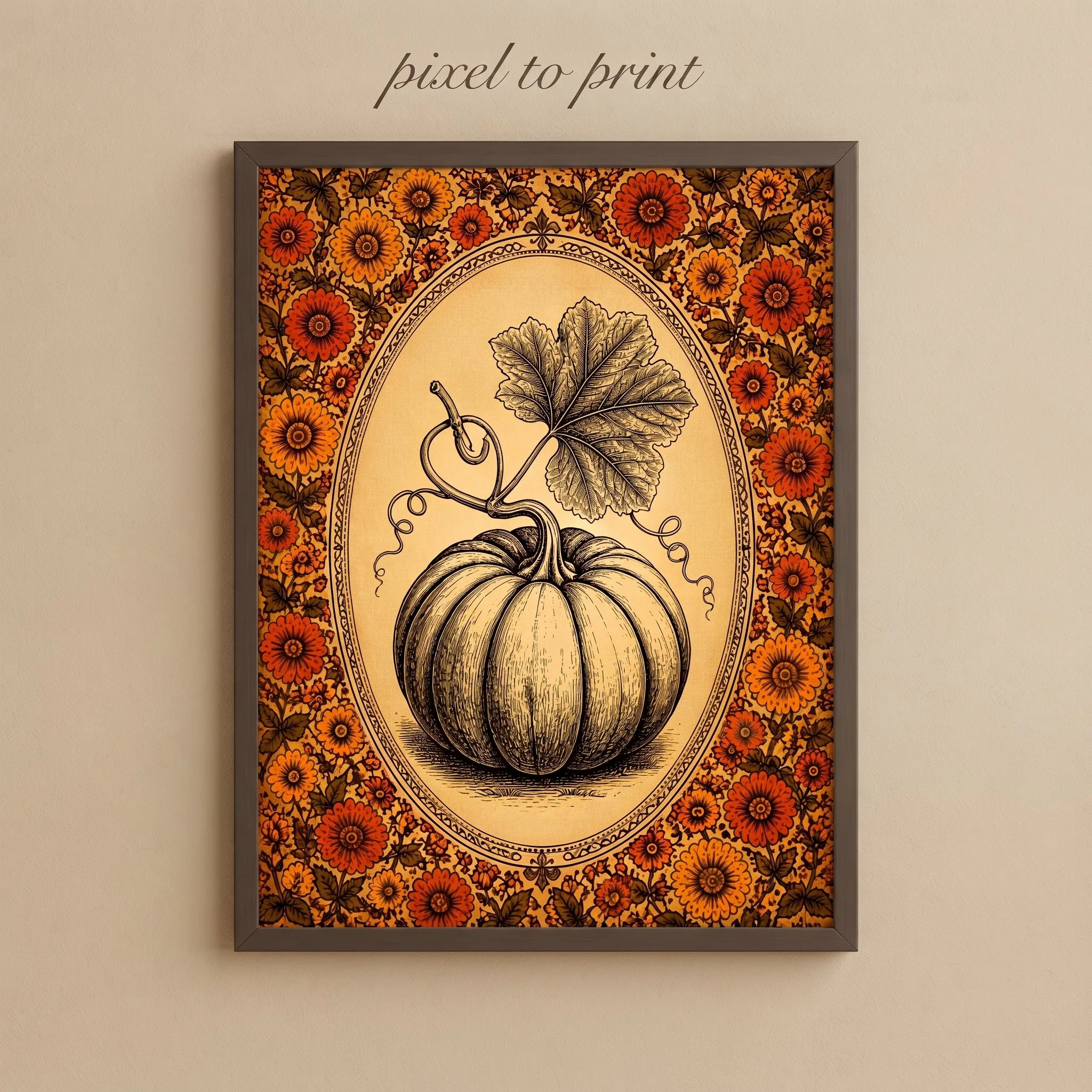 Vintage Pumpkin Printable Wall Art | Rustic Autumn Landscape Painting