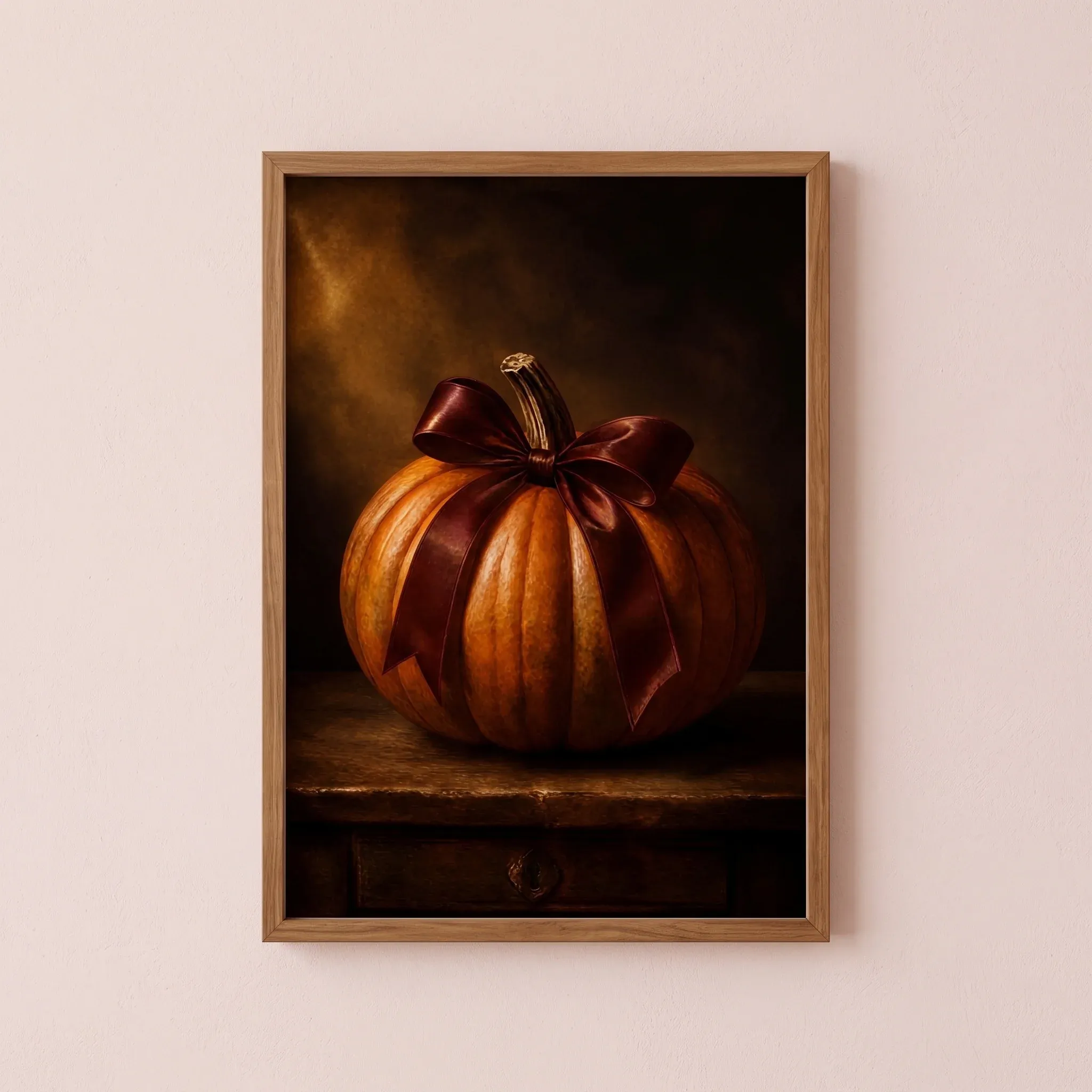 Vintage Pumpkin with Bow Print | Wood Frame Farmhouse Decor