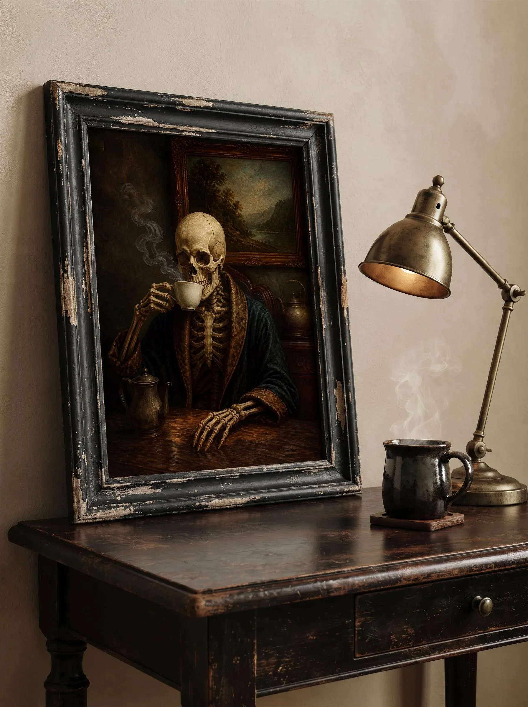 Vintage Skeleton Drinking Coffee | Dark Academia Wall Art
