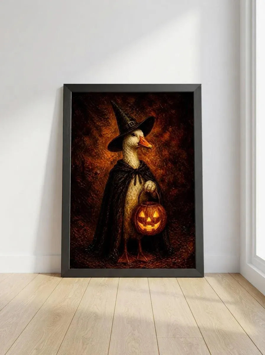 Witch Duck Halloween Wall Art | Spooky Season Oil Painting Poster